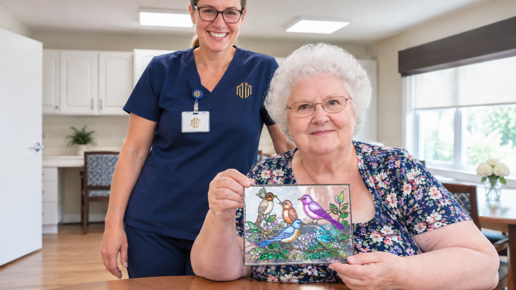 A resident showing the painting she has finished, a nurse beside her