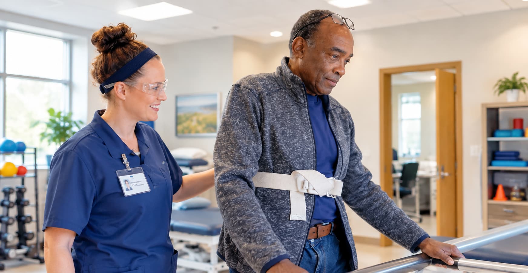 A therapist supporting a resident through a walking exercise