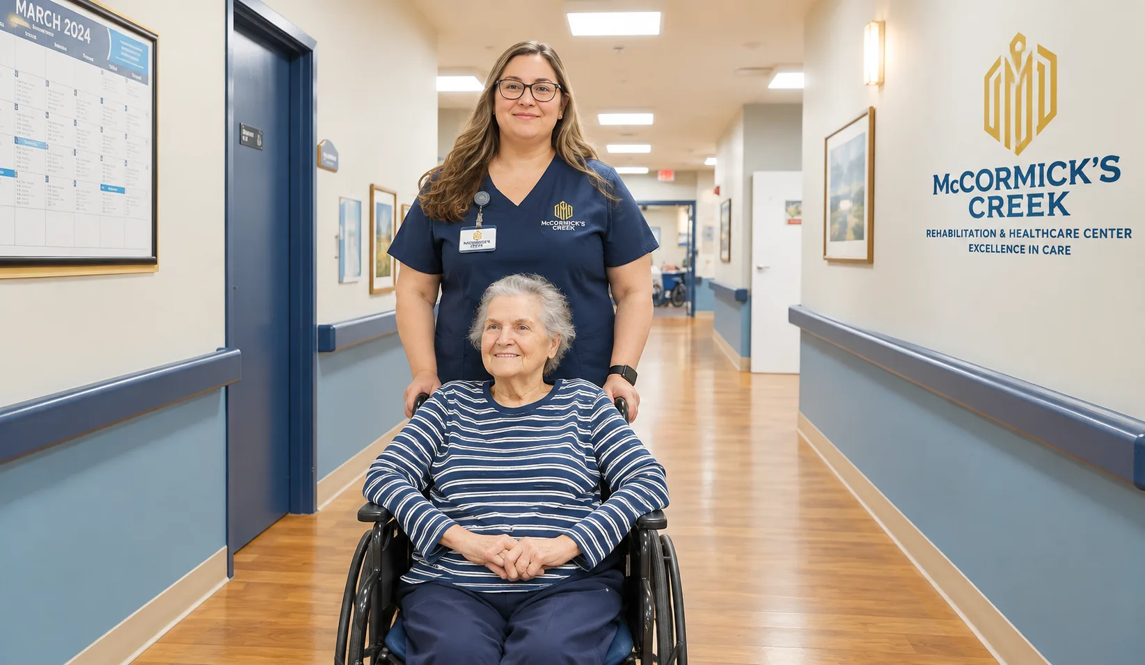 A nurse beside a resident in her wheelchair in the hallway