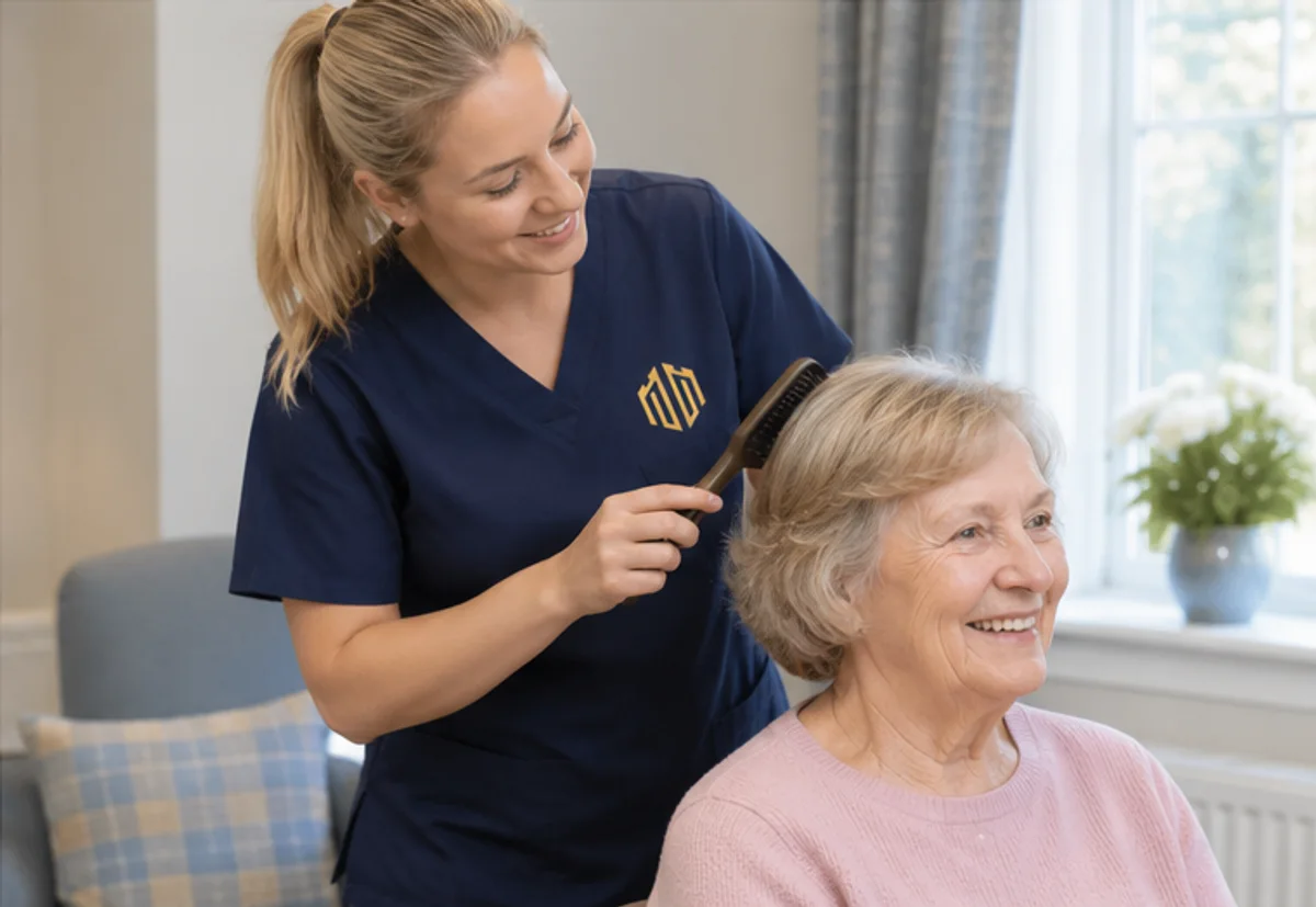 A caregiver brushing a resident’s hair, both smiling