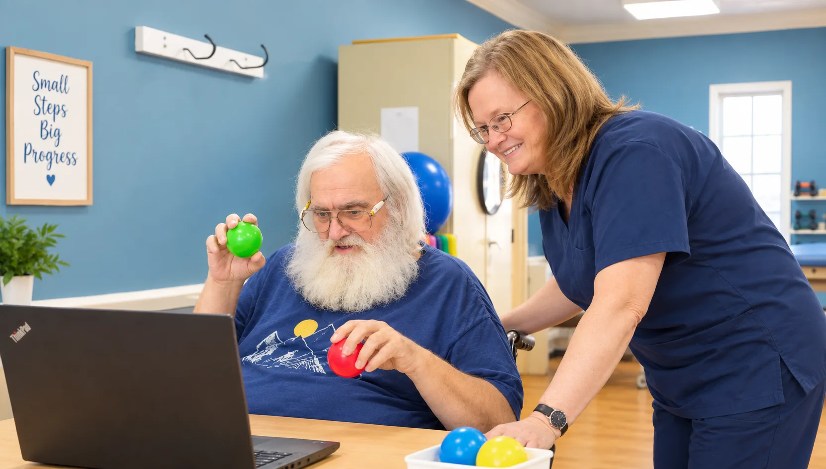 A staff member helping a resident at a laptop