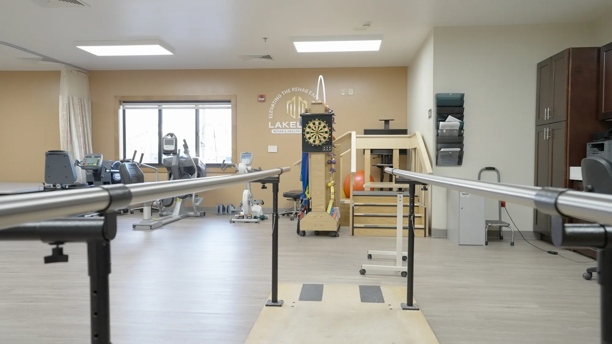 The rehabilitation gym, parallel bars and therapy equipment