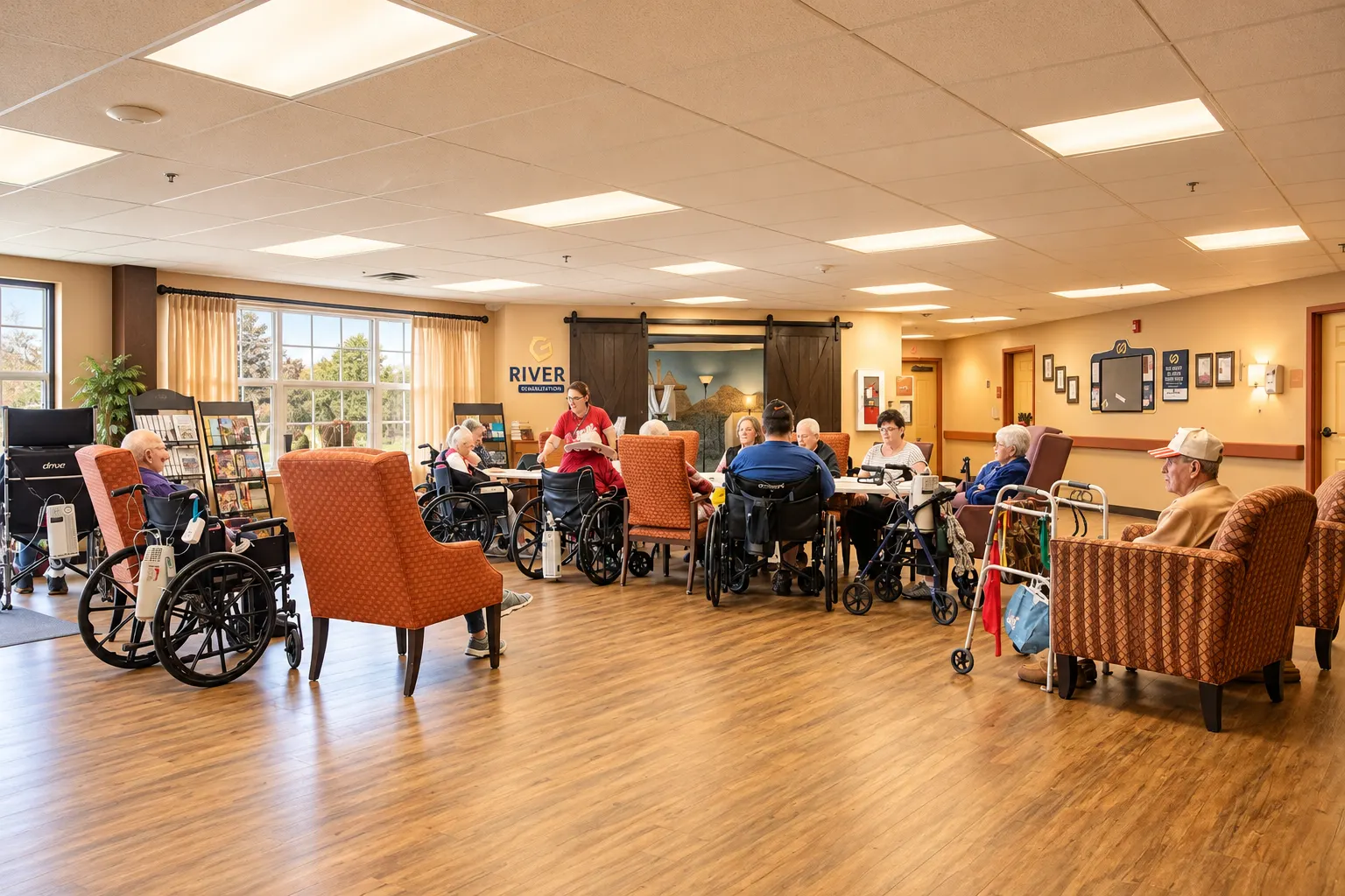 Residents and staff in a lounge at River Valley